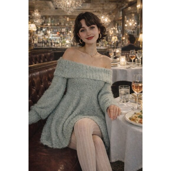 Rare Free People Mallow Mini Cold Shoulder Fuzzy Sweater Dress M Sage Green  NWT